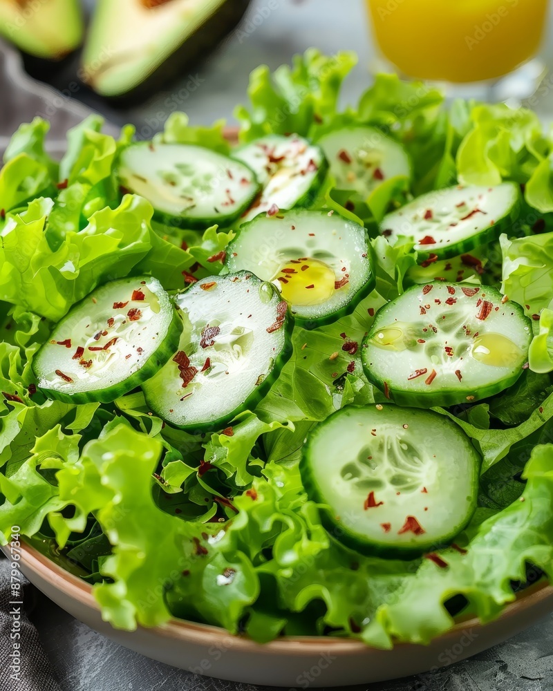 Morning fresh breakfast salad with cucumbers,leafy green lettuce and olive oil,orange juice Morning fresh breakfast salad with cucumbers,leafy green lettuce and olive oil,orange juice