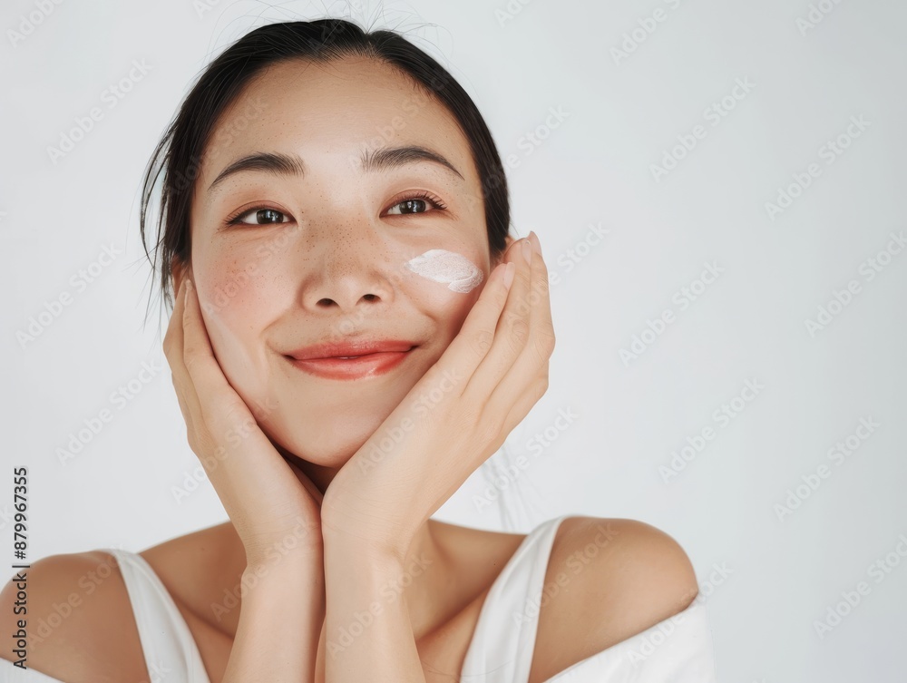 Skincare with beautiful Japanese Korean woman in her late thirties, with dark hair and wearing a white sleeveless top. Facial treatment, Cosmetology, Spa, Aesthetic, plastic surgery Skincare with beautiful Japanese Korean woman in her late thirties, with dark hair and wearing a white sleeveless top. Facial treatment, Cosmetology, Spa, Aesthetic, plastic surgery