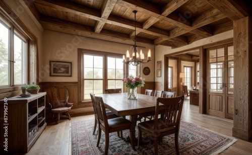 Cozy rustic farmhouse dining room with wooden beams, vintage furniture, and potted herbs © Rezhwan