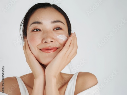 Skincare with beautiful Japanese Korean woman in her late thirties, with dark hair and wearing a white sleeveless top. Facial treatment, Cosmetology, Spa, Aesthetic, plastic surgery