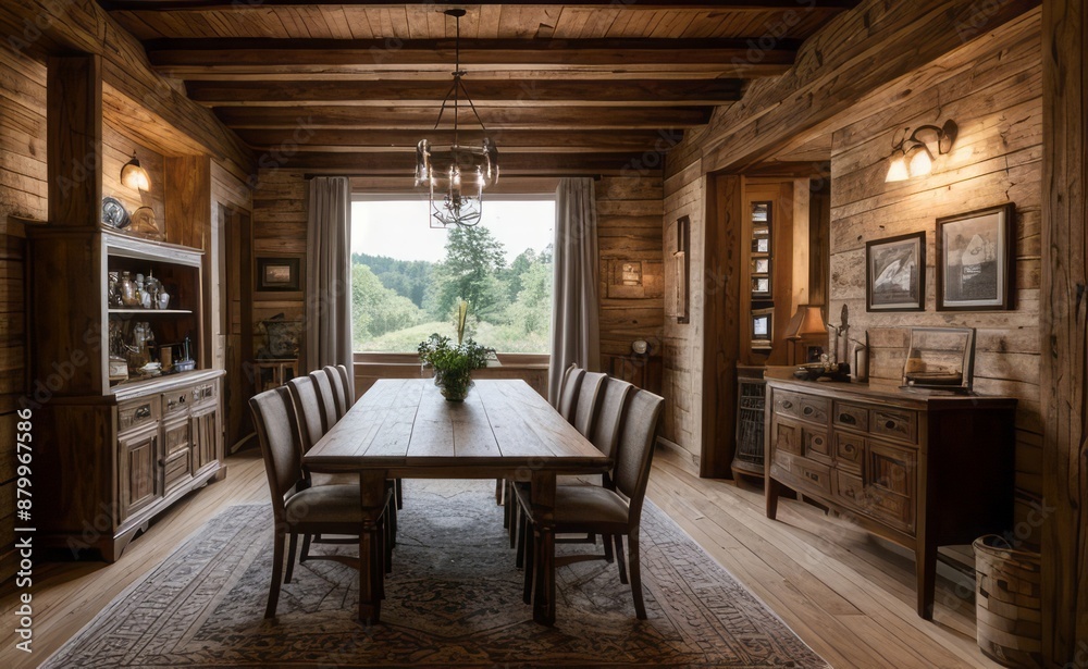 Cozy rustic farmhouse dining room with wooden beams, vintage furniture, and potted herbs Cozy rustic farmhouse dining room with wooden beams, vintage furniture, and potted herbs