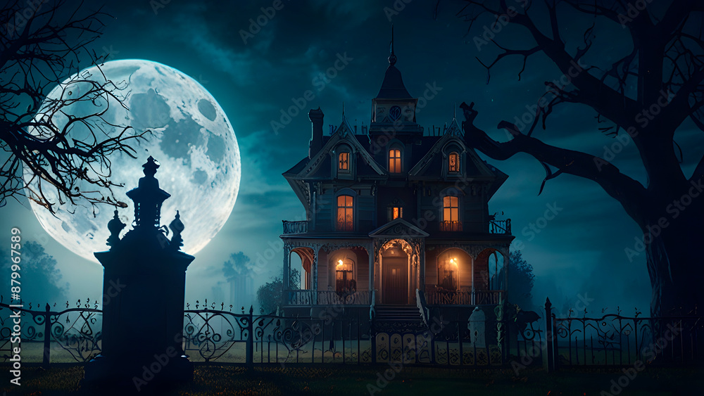 Happy Halloween, tree scary, castle, pumpkins, bat flying, ghost banner design on moonnight dark blue background Happy Halloween, tree scary, castle, pumpkins, bat flying, ghost banner design on moonnight dark blue background
