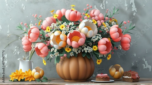   A painting of a vase brimming with flowers alongside a plate of cake and cupcakes on a table