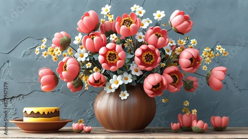  A vase brimming with pink and white blossoms adjacent to a platter topped by a cake