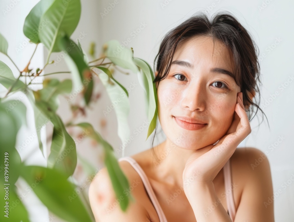 Skincare with beautiful Japanese Korean woman in her late thirties, with dark hair and wearing a white sleeveless top. Facial treatment, Cosmetology, Spa, Aesthetic, plastic surgery Skincare with beautiful Japanese Korean woman in her late thirties, with dark hair and wearing a white sleeveless top. Facial treatment, Cosmetology, Spa, Aesthetic, plastic surgery