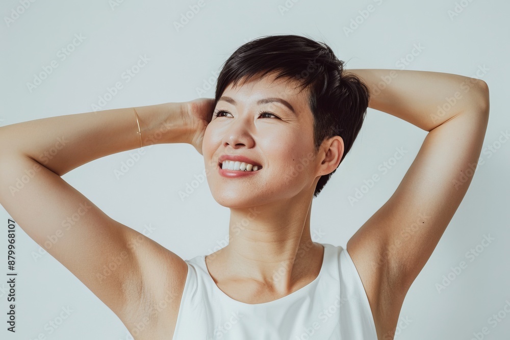Skincare with beautiful Japanese Korean woman in her late thirties, with dark hair and wearing a white sleeveless top. Facial treatment, Cosmetology, Spa, Aesthetic, plastic surgery Skincare with beautiful Japanese Korean woman in her late thirties, with dark hair and wearing a white sleeveless top. Facial treatment, Cosmetology, Spa, Aesthetic, plastic surgery