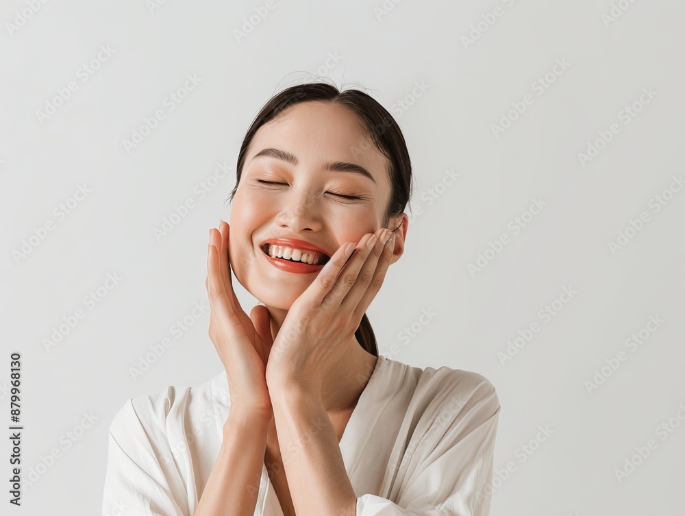 Skincare with beautiful Japanese Korean woman in her late thirties, with dark hair and wearing a white sleeveless top. Facial treatment, Cosmetology, Spa, Aesthetic, plastic surgery Skincare with beautiful Japanese Korean woman in her late thirties, with dark hair and wearing a white sleeveless top. Facial treatment, Cosmetology, Spa, Aesthetic, plastic surgery