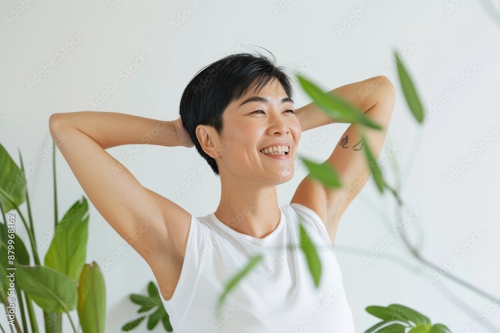Skincare with beautiful Japanese Korean woman in her late thirties, with dark hair and wearing a white sleeveless top. Facial treatment, Cosmetology, Spa, Aesthetic, plastic surgery Skincare with beautiful Japanese Korean woman in her late thirties, with dark hair and wearing a white sleeveless top. Facial treatment, Cosmetology, Spa, Aesthetic, plastic surgery