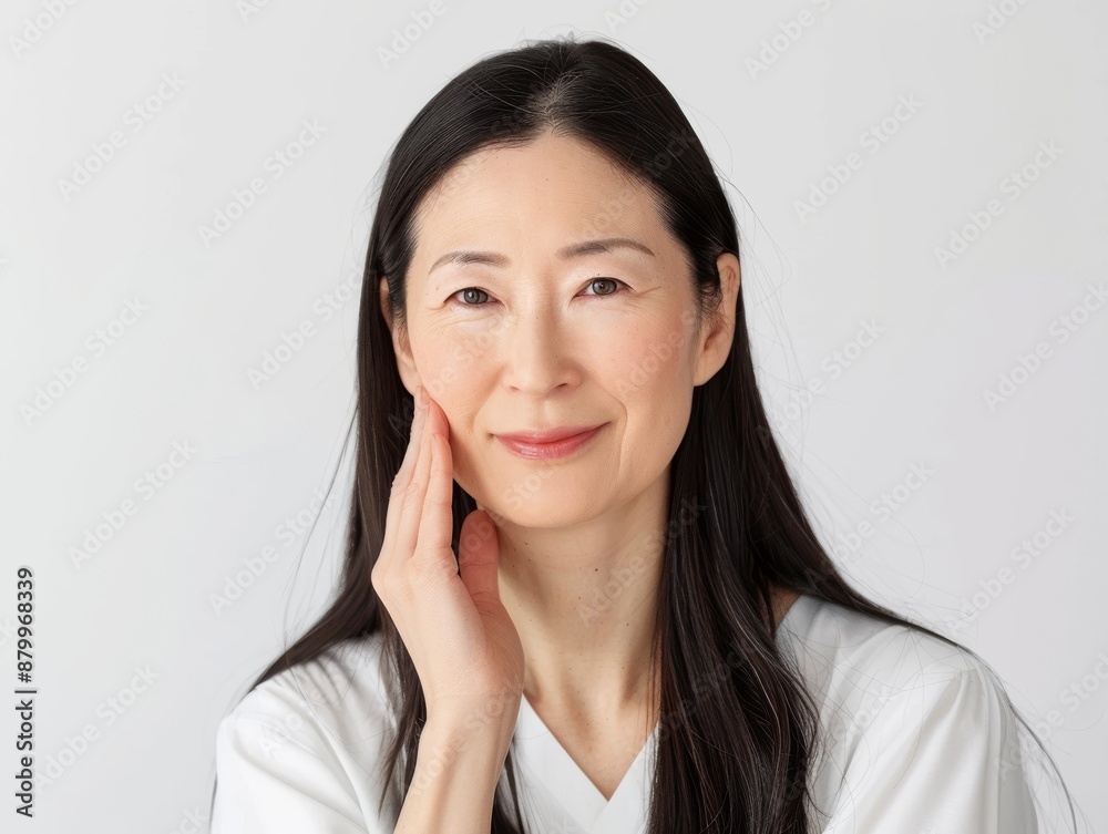 Skincare with beautiful Japanese Korean woman in her late thirties, with dark hair and wearing a white sleeveless top. Facial treatment, Cosmetology, Spa, Aesthetic, plastic surgery Skincare with beautiful Japanese Korean woman in her late thirties, with dark hair and wearing a white sleeveless top. Facial treatment, Cosmetology, Spa, Aesthetic, plastic surgery