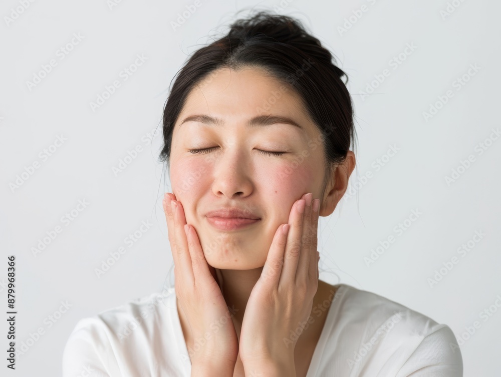 Skincare with beautiful Japanese Korean woman in her late thirties, with dark hair and wearing a white sleeveless top. Facial treatment, Cosmetology, Spa, Aesthetic, plastic surgery Skincare with beautiful Japanese Korean woman in her late thirties, with dark hair and wearing a white sleeveless top. Facial treatment, Cosmetology, Spa, Aesthetic, plastic surgery