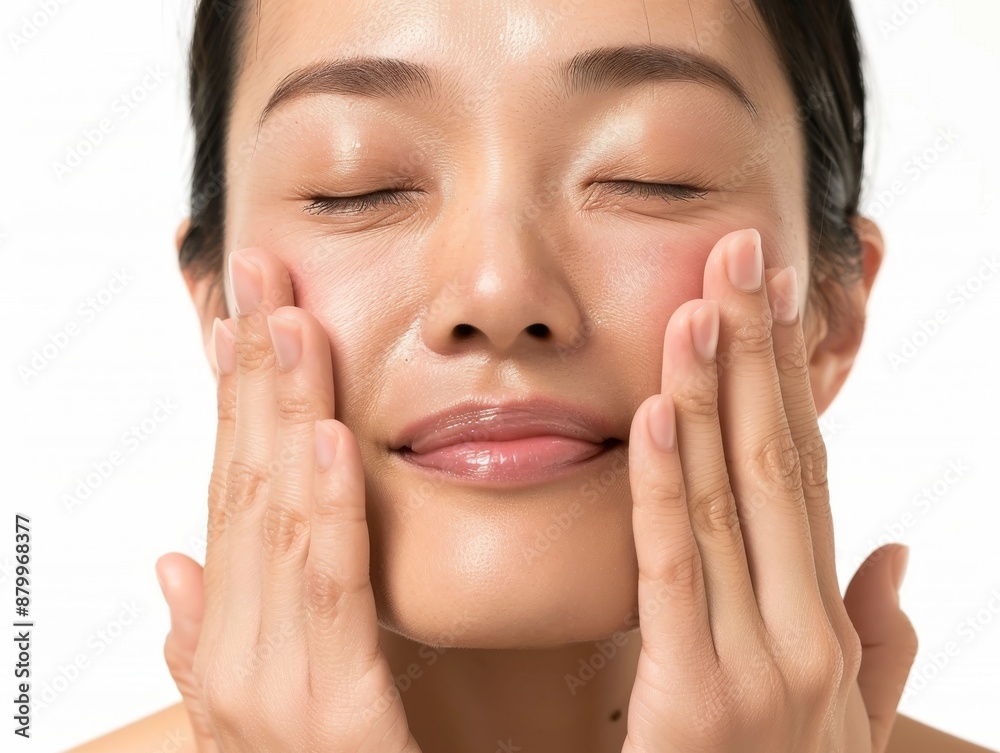 Skincare with beautiful Japanese Korean woman in her late thirties, with dark hair and wearing a white sleeveless top. Facial treatment, Cosmetology, Spa, Aesthetic, plastic surgery Skincare with beautiful Japanese Korean woman in her late thirties, with dark hair and wearing a white sleeveless top. Facial treatment, Cosmetology, Spa, Aesthetic, plastic surgery
