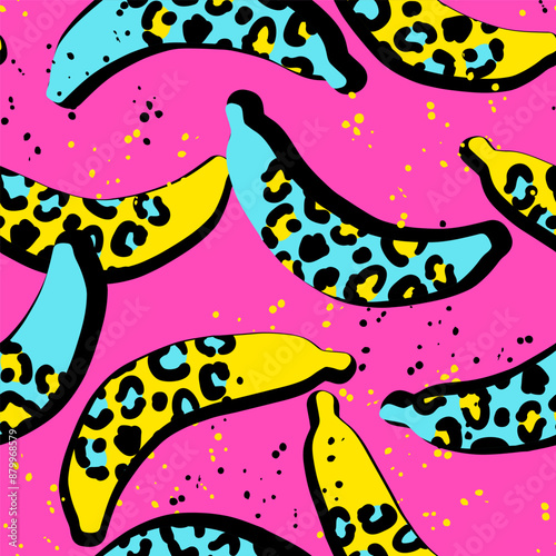 Fashion tropics funny wallpapers. Seamless pattern with bananas on pink background and leopard print. Bright summer fruits illustration. Tropical Design for fabric and textile