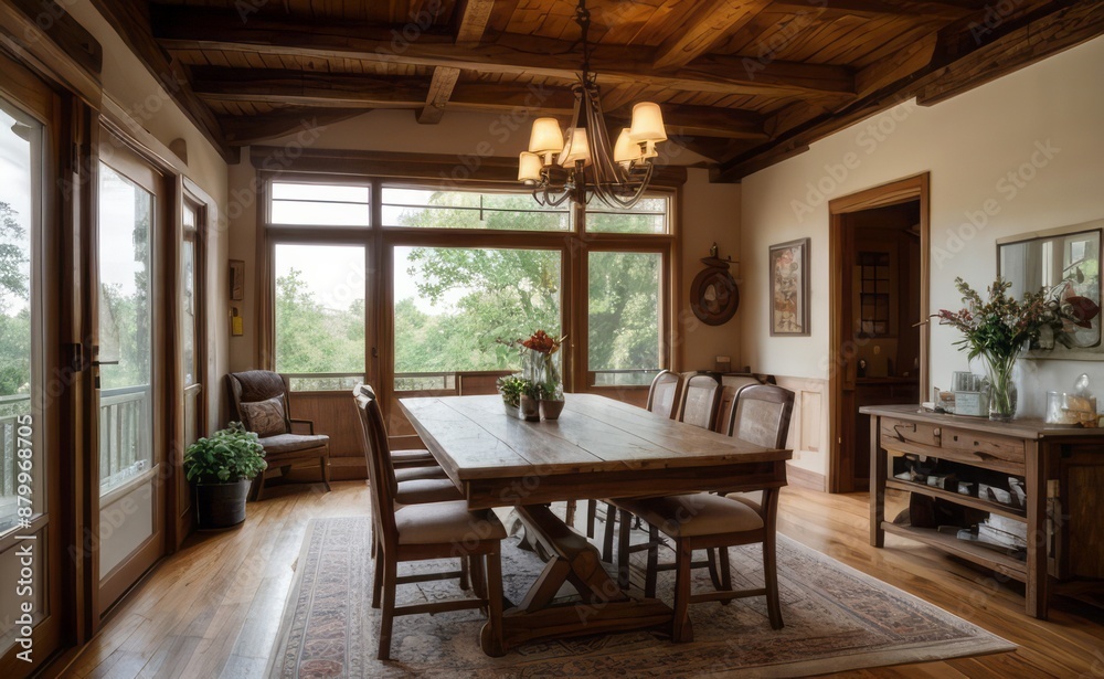 Cozy rustic farmhouse dining room with wooden beams, vintage furniture, and potted herbs Cozy rustic farmhouse dining room with wooden beams, vintage furniture, and potted herbs
