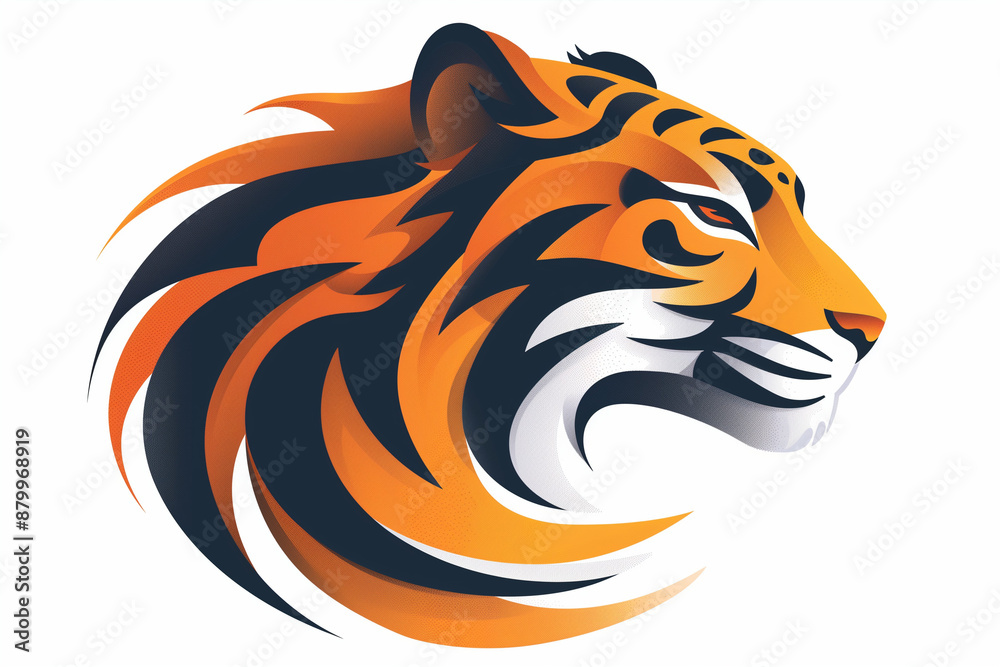 Fototapeta premium Feuriger Tigerkopf in schwarz und orange mit Streifen schaut erhaben in die Ferne. Der Nacken geht in flammenförmige wehende Mähne aus Haaren über. 