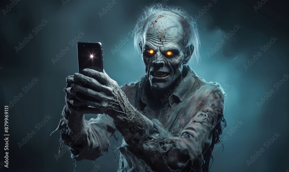Obraz premium A zombie holds a phone in his hand a Halloween concept