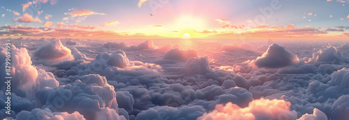 Flight among the clouds, Stormy sky, sunrise or sunset among fabulous clouds, panorama of clouds, 3D rendering #879969195