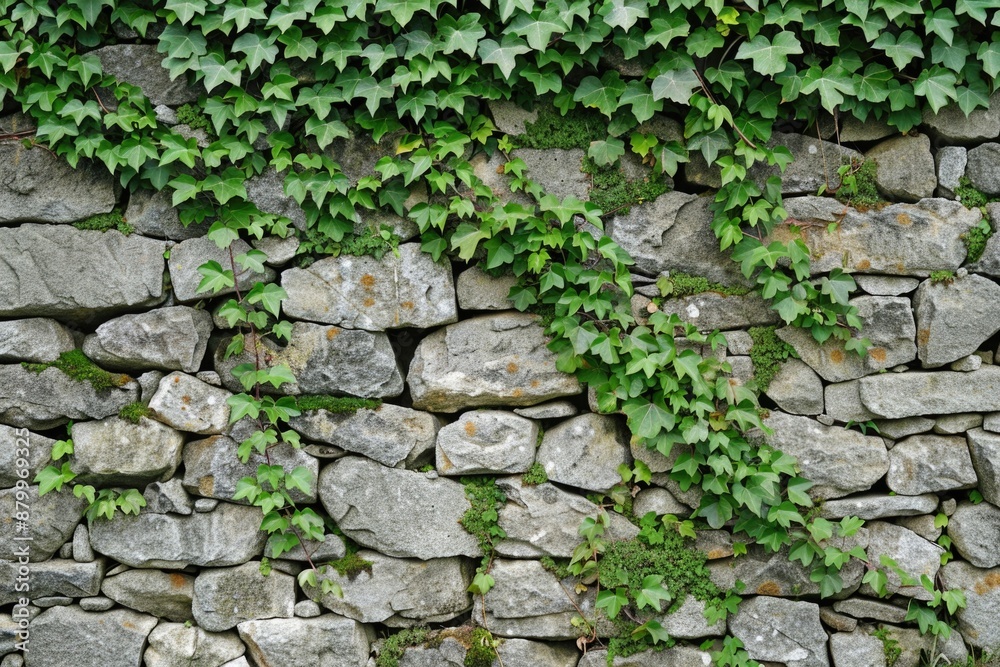 A stone wall with lush green plants growing on it, providing a natural and serene atmosphere A stone wall with lush green plants growing on it, providing a natural and serene atmosphere