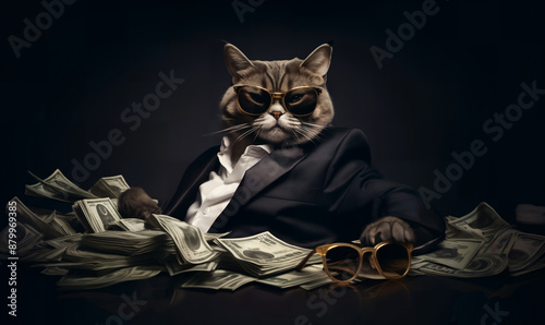 A funny mafia cat in a businessman banker costume sits at a table among the money photo