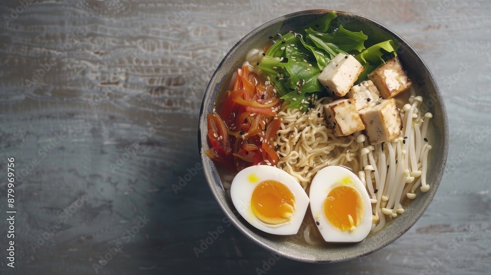 Asian noodle bowl with miso broth egg tofu and enoki on gray wooden surface Asian noodle bowl with miso broth egg tofu and enoki on gray wooden surface