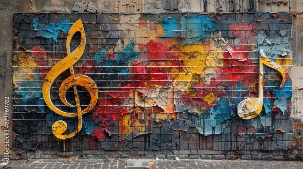 Fototapeta premium Colorful Music Notes on Brick Wall