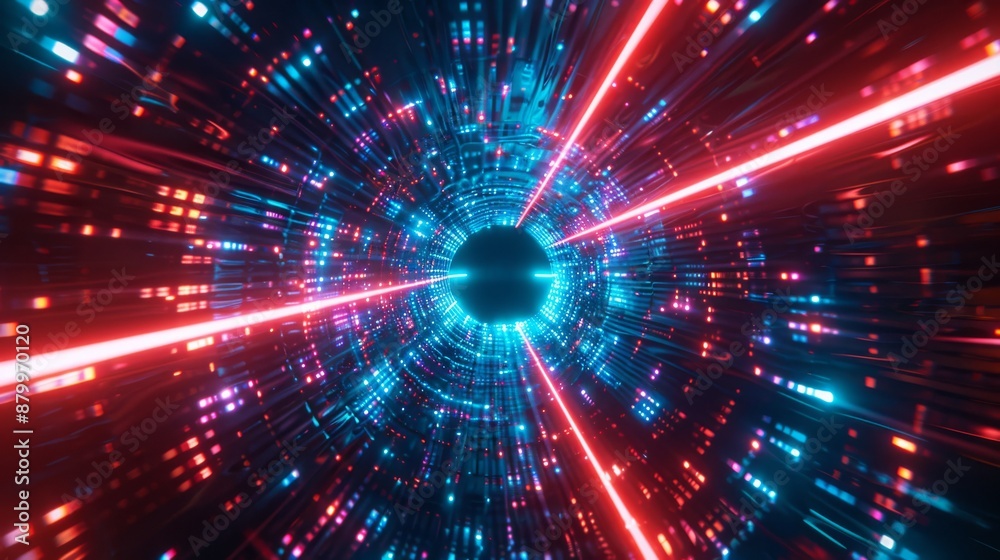 Dynamic depiction of a neon tunnel with vibrant blue and red lights, illustrating technological progress.