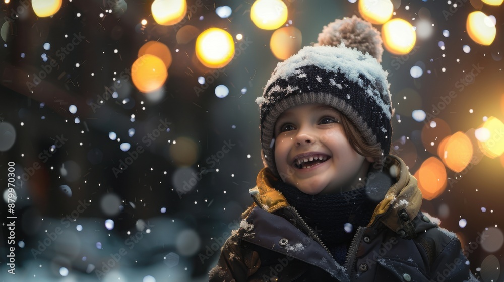 A child's joyful expression during their first snowfall, softly illuminated by streetlights and captured with a shallow depth of field, a copy space A child's joyful expression during their first snowfall, softly illuminated by streetlights and captured with a shallow depth of field, a copy space
