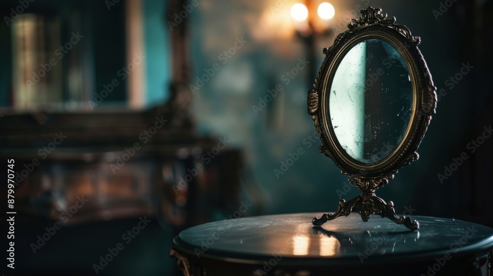 A dimly lit scene of an antique mirror on a vanity, captured with a shallow depth of field to highlight reflections, a copy space A dimly lit scene of an antique mirror on a vanity, captured with a shallow depth of field to highlight reflections, a copy space
