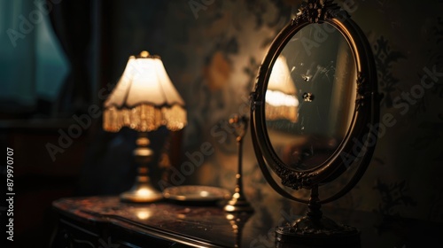 A dimly lit scene of an antique mirror on a vanity, captured with a shallow depth of field to highlight reflections, a copy space