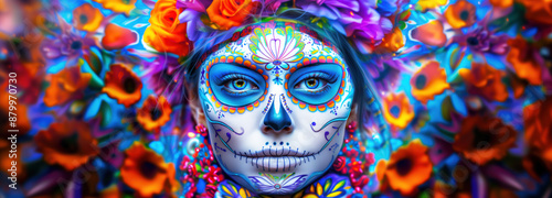 Close-up of a woman with Dia de los Muertos face paint surrounded by vibrant flowers. Mexican culture and celebration concept.