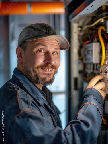 A person in a cap is working on a machine, possible industrial or manufacturing setting