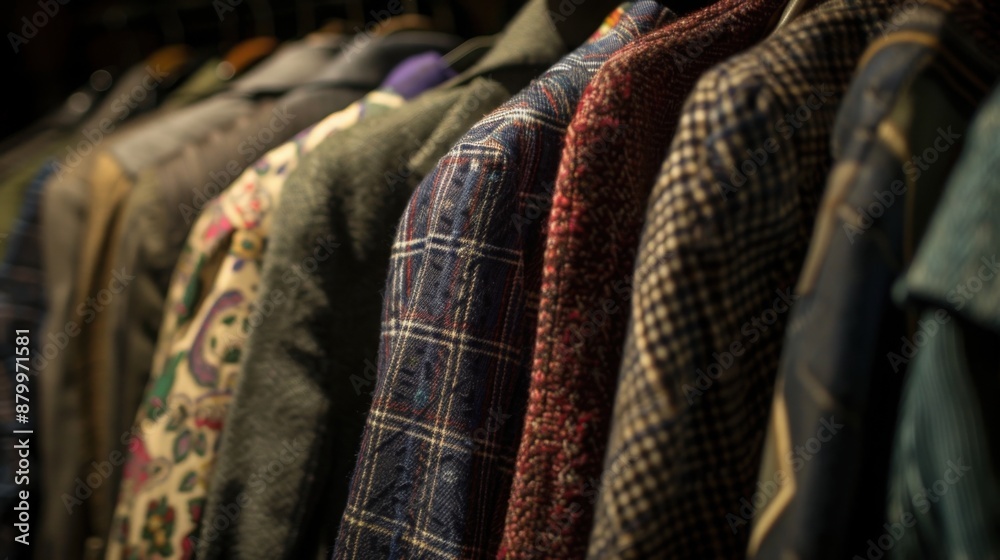 Obraz premium A rack of vintage clothes softly illuminated by natural light, with a narrow aperture to capture detailed textures, a copy space