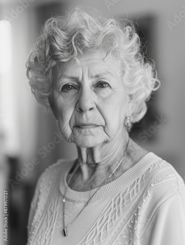 A grayscale portrait of an elderly woman with a subtle expression