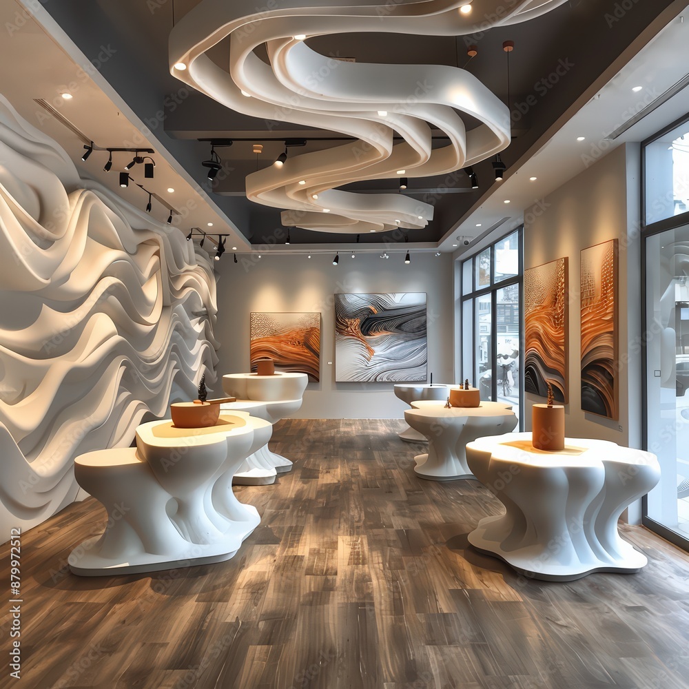 A modern art gallery where 2D paintings extend into 3D sculptures A modern art gallery where 2D paintings extend into 3D sculptures