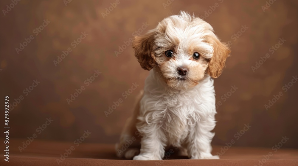 Adorable Maltipoo puppy posing on brown background
