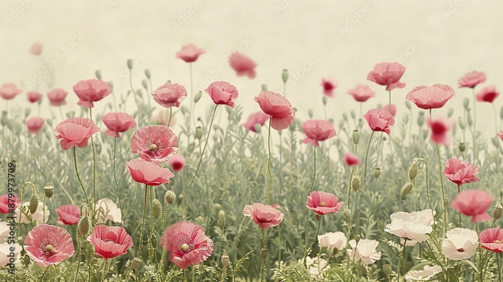 Obraz premium A field of vibrant pink and white blossoms dances atop emerald green grass in the haze of a foggy morning