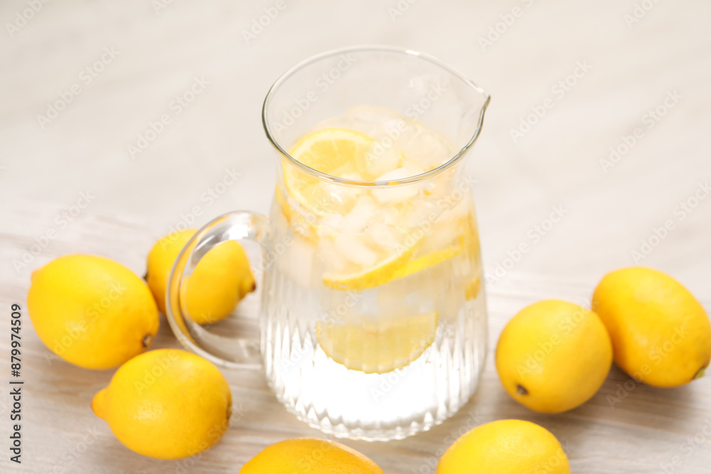 Freshly made lemonade in jug on white wooden table Freshly made lemonade in jug on white wooden table