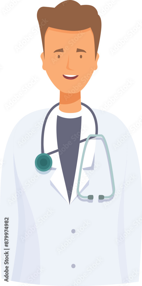 Cartoon illustration of a young male doctor smiling confidently, wearing a stethoscope and lab coat Cartoon illustration of a young male doctor smiling confidently, wearing a stethoscope and lab coat