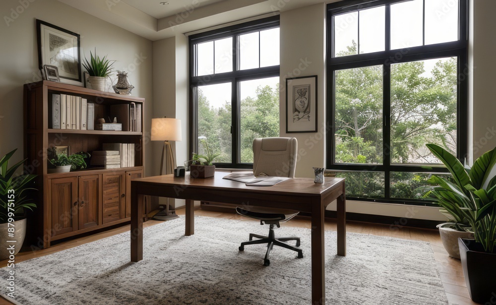 Fototapeta premium Contemporary home office with sleek furniture, large windows, and a variety of succulents