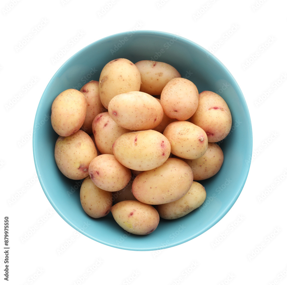 Raw potatoes in bowl isolated on white, top view