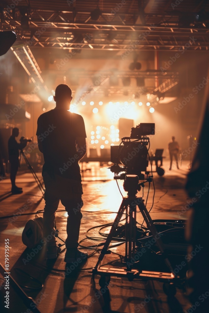 Fototapeta premium Man stands in front of camera with microphone