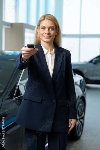 Blonde woman in elegant suit standing near the car with the key