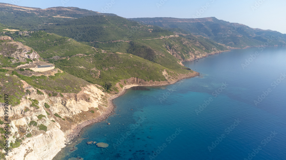 Drone view of the shoreline in the west of Sardinia an italian island, between Bosa and Alghero with the Grifone Nature Reserve Drone view of the shoreline in the west of Sardinia an italian island, between Bosa and Alghero with the Grifone Nature Reserve
