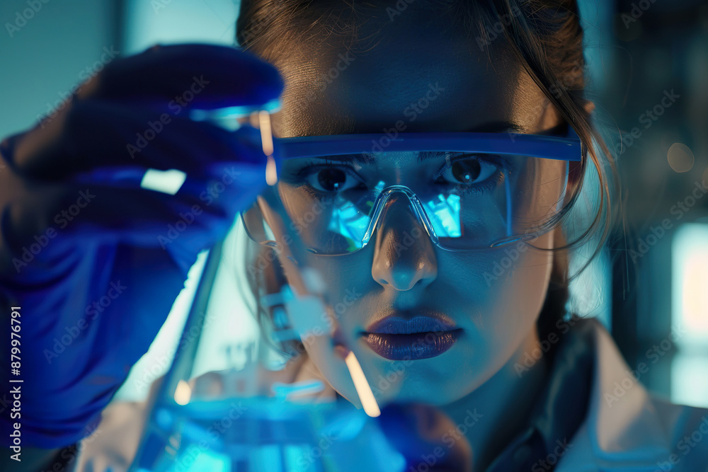 A woman wearing a lab coat and goggles is holding a beaker of blue liquid, generative ai image. A woman wearing a lab coat and goggles is holding a beaker of blue liquid, generative ai image.