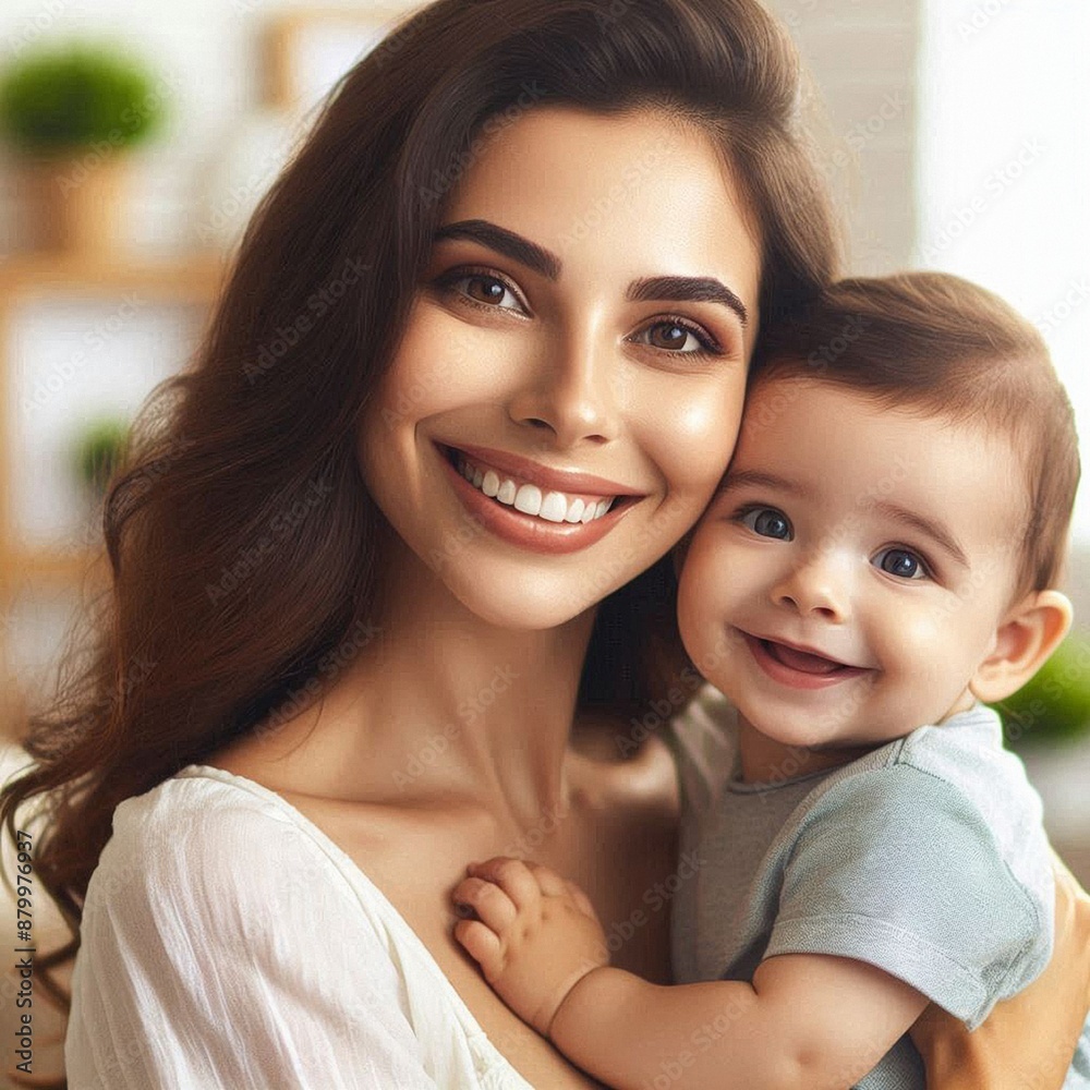 Portrait of a mother and child with wide smiles. AI Generation. Portrait of a mother and child with wide smiles. AI Generation.