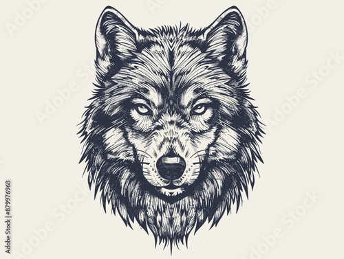 A wolf's head with a fierce expression. The wolf's eyes are open and staring ahead. The fur is thick and shaggy