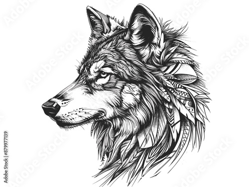 A wolf with feathers on its head. The wolf has a look of determination