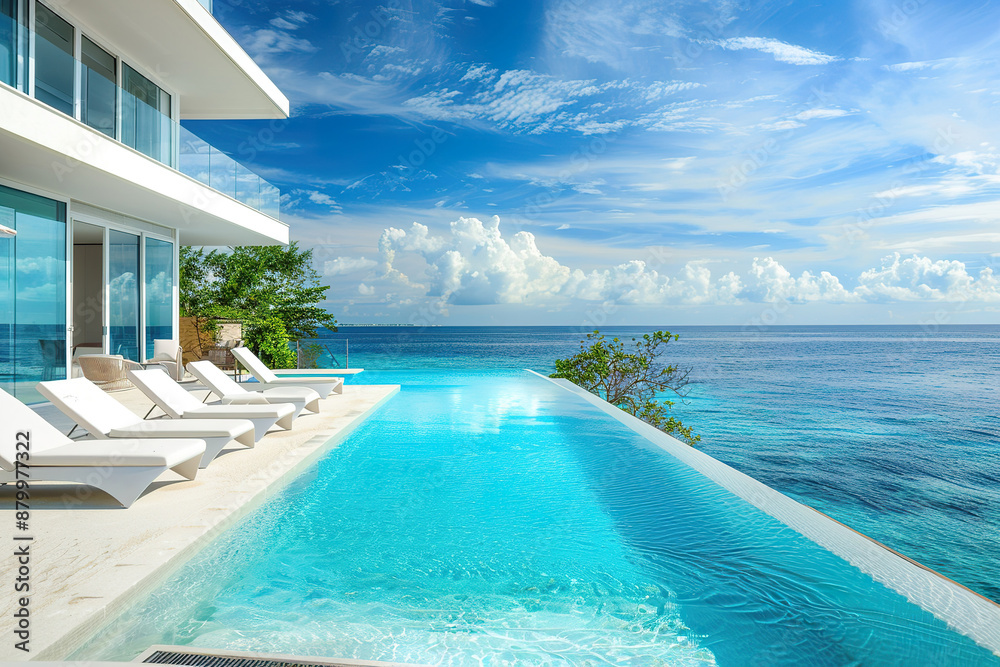 Fototapeta premium A beautiful ocean view with a pool and a white umbrella, generative ai image.