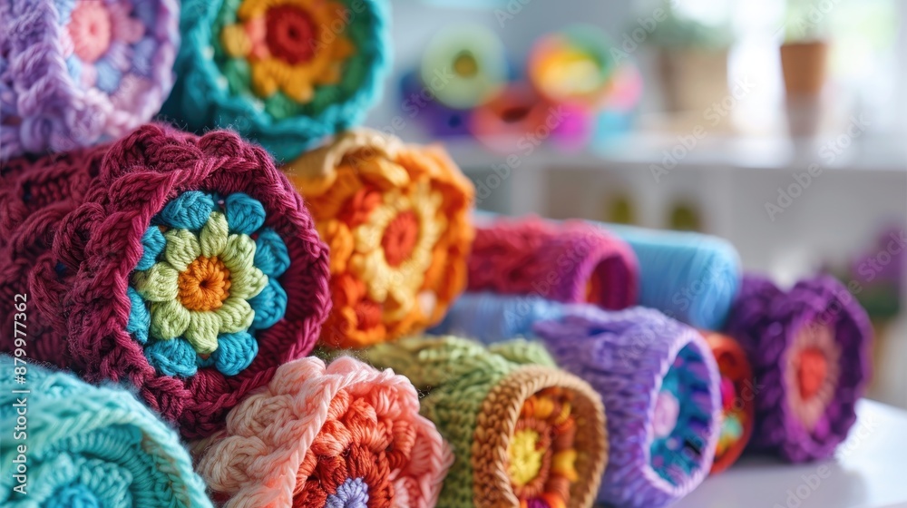 Fototapeta premium Multicolored crochet fabric on white table with focus selection and copy space