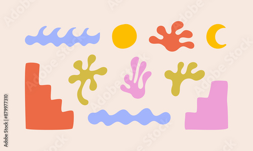 Set of abstract geometric and organic shapes. Vector flat illustration in modern boho style. Matisse inspired cliparts. Contemporary art design templates