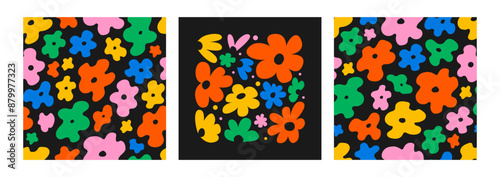 Set of floral vector illustration and seamless patterns. Abstract backgrounds with flowers in retro groovy style